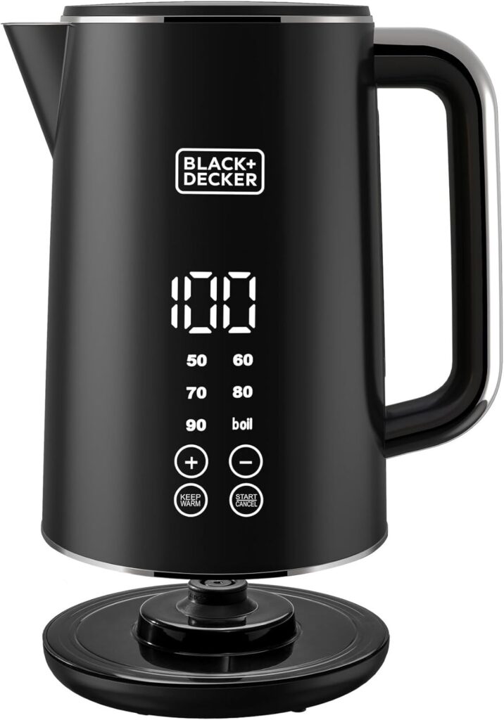 Side view of Black and Decker JCD200 stainless steel digital kettle