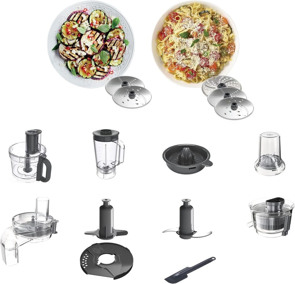 Kenwood FDP65.880 attachments including blender jug, juicer, discs, and whisk with prepared vegetable and pasta dishes