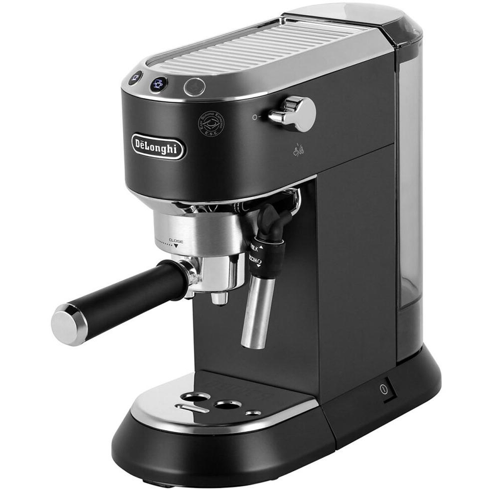 DeLonghi Dedica EC685.BK black manual espresso machine, angled view showing steam wand and cup warming plate