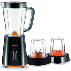 Black Kenwood BLP15.360 blender with an empty 1.5-liter clear jar showing measurement markings, positioned next to empty grinder and multi-mill attachments showing stainless steel blades.