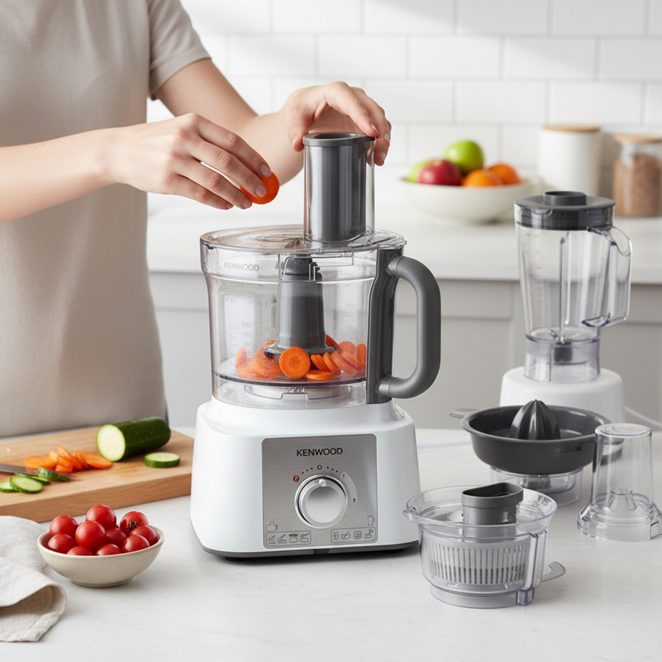 شخص يستخدم وعاء محضر الطعام Kenwood MultiPro Express بقدرة 1000 وات لتقطيع الجزر الطازج إلى شرائح، مع عرض إبريق الخلاط وعصارة الحمضيات وملحقات المطحنة بجانبه على سطح المطبخ.
