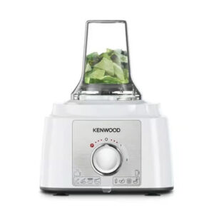قاعدة موتور Kenwood MultiPro Express البيضاء بقدرة 1000 وات، مزودة بملحق مطحنة صغيرة متعدد الاستخدامات شفاف ومضغوط، ومملوء بالأعشاب الطازجة المفرومة.