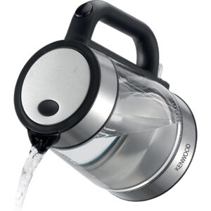 Kenwood ZJG08 1.7L electric glass kettle with stainless steel trim and black handle pouring water from spout against a white background.