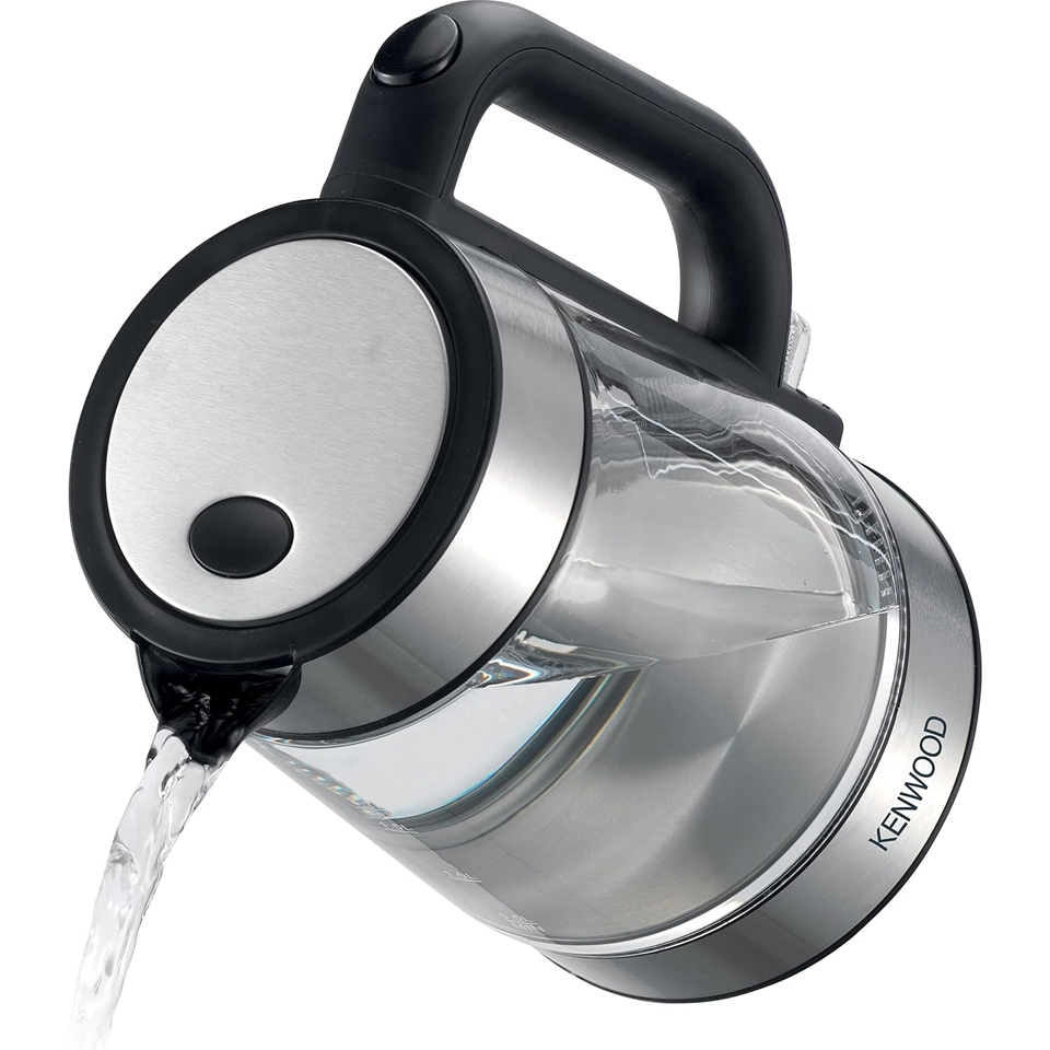 Kenwood ZJG08 1.7L electric glass kettle with stainless steel trim and black handle pouring water from spout against a white background.