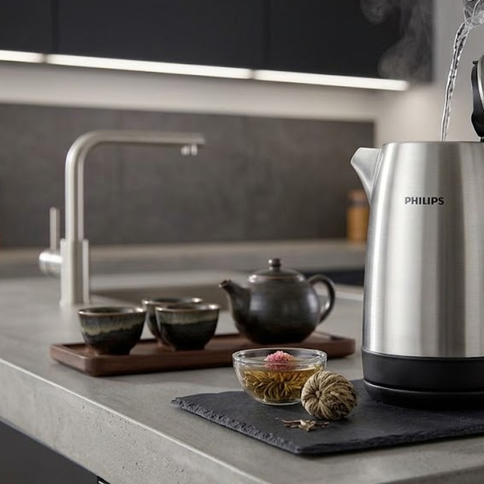 Fresh water being poured from a glass pitcher into an open-lid Philips stainless steel electric kettle HD9350 on a slate mat in a modern kitchen setting