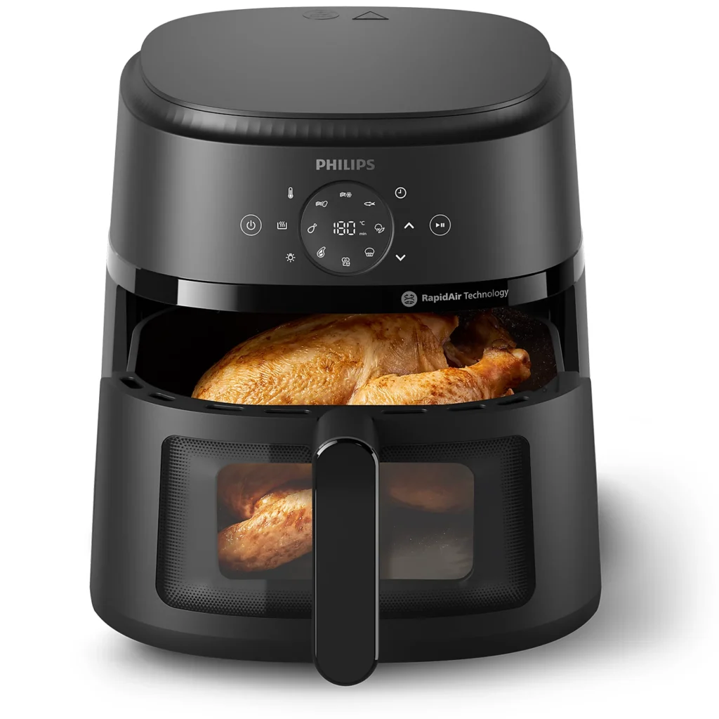 Philips Airfryer NA230 with an open basket showing a whole roasted chicken inside and cooking window view.