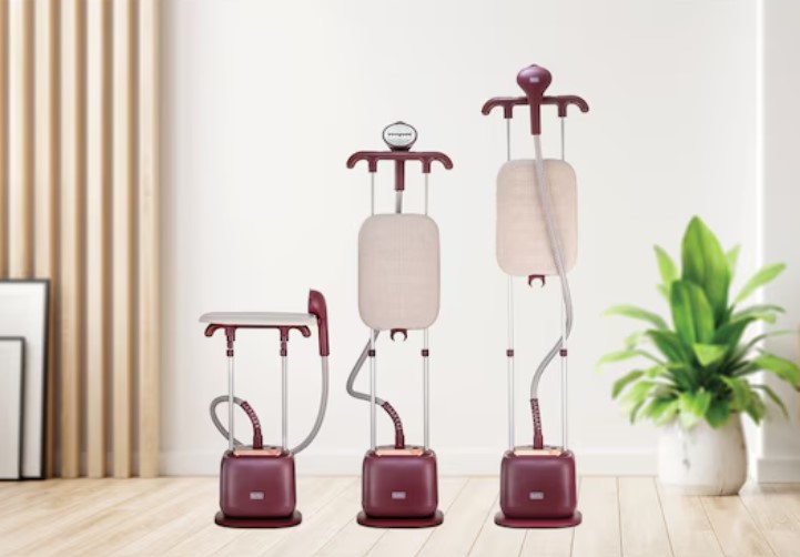 Black and Decker 2400W stand garment steamer GSTD2450 displayed in three positions showing the horizontal and vertical adjustable ironing board modes.
