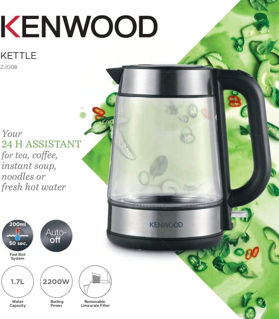 Kenwood ZJG08 glass electric kettle feature banner showing 1.7L capacity, 2200W power, fast boil, auto-off, and removable limescale filter icons.