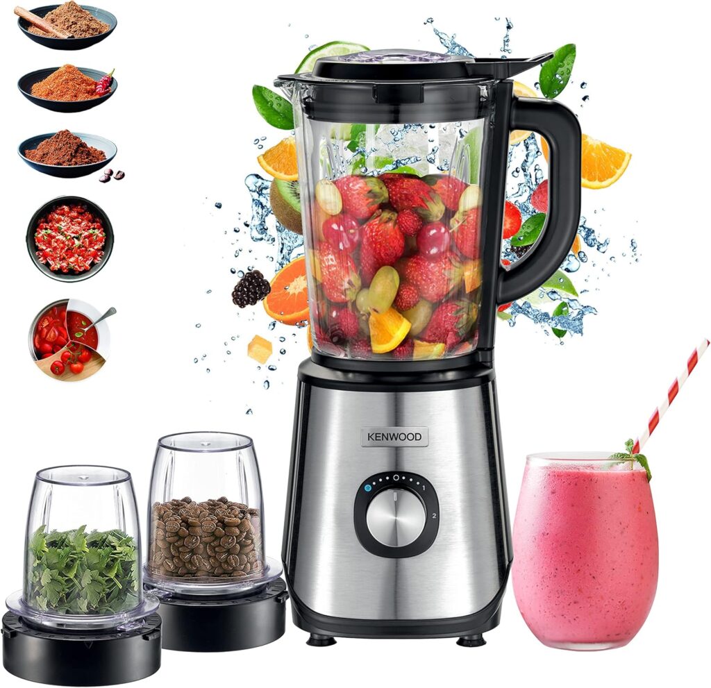 Kenwood BLM45.720 1000W high-performance blender set featuring a glass jar packed with mixed berries, coffee and herb mill attachments, a glass of pink smoothie, and dynamic water splashes with floating fruits.
