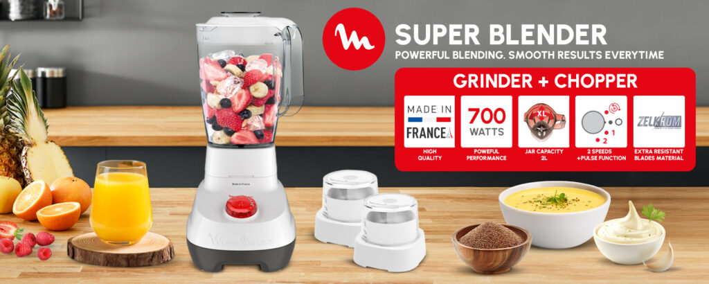 Moulinex LM207125 Super Blender infographic banner showing grinder and chopper, 700W and Made in France