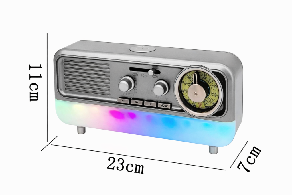 رسم توضيحي لأبعاد راديو ماير MD-1314BT، 23 × 11 × 7 سم، مع إضاءة LED في القاعدة