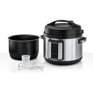 Stainless steel Black + Decker PCP1010 10L electric pressure cooker with digital control panel next to a black inner pot, measuring cup, steaming rack, and spoon on a white background.
