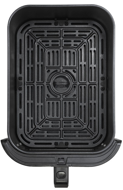 منظر علوي لسلة القلي غير اللاصقة وصينية التحمير القابلة للإزالة لقلاية الهواء الرقمية Black+Decker SAF80W سعة 8 لتر.