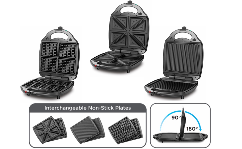 Black and Decker Sandwich Maker 3-in-1 TS4130 1400W featuring interchangeable plates and 180-degree flat opening hinge