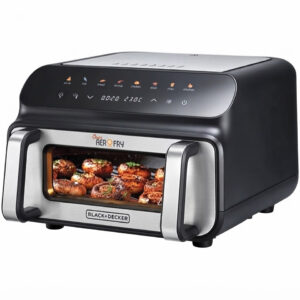Black+Decker PGAF105 10.5L AeroFry air fryer with digital touch screen and food visible through the front window