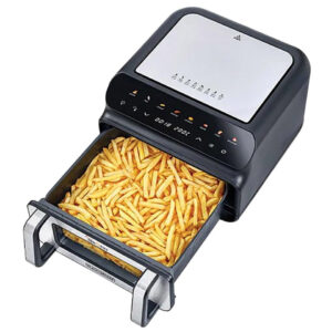 Black+Decker PGAF105 10.5L air fryer with digital touch screen and French fries in the basket