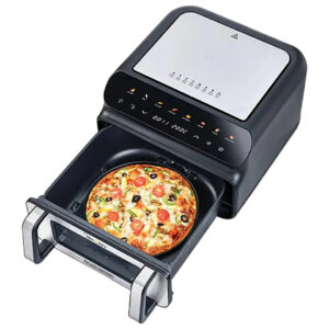 Black+Decker PGAF105 10.5L air fryer with digital touch screen and pizza inside the basket