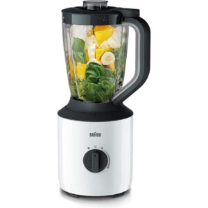 White Braun JB3123 800W 1.5L blender jug filled with fruits and spinach.