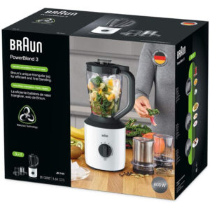 Packaging box of Braun PowerBlend 3 JB3123 3-in-1 blender showing 800W motor, 1.5L TriAction jug, grinder, chopper, and product specifications.