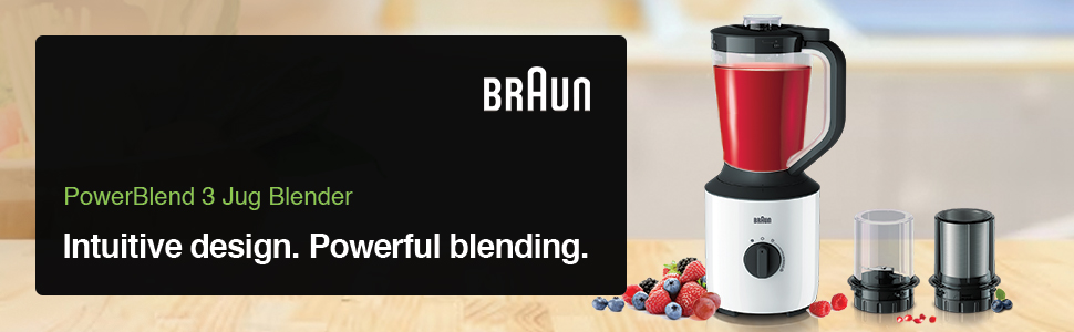 Braun PowerBlend 3 Jug Blender banner highlighting intuitive design, powerful blending, and included chopper and grinder attachments.