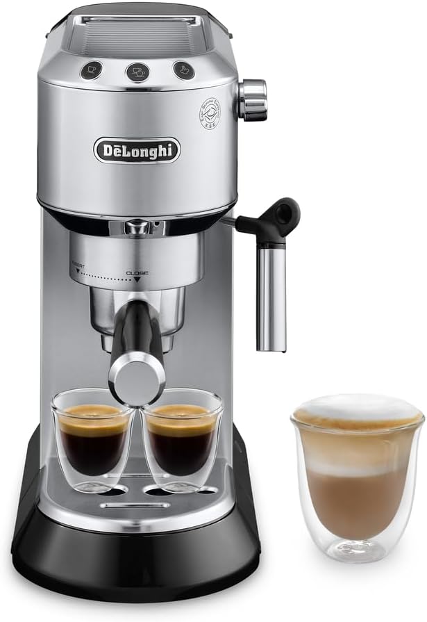 DeLonghi Dedica EC685.M pouring espresso shots next to a cappuccino