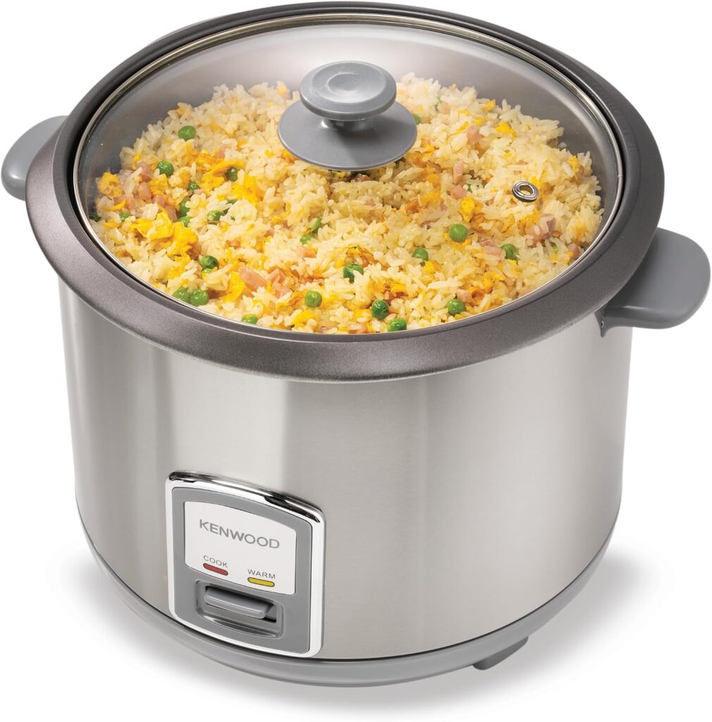 Kenwood 2-in-1 rice cooker and steamer 2.8L RCM28.000SS in silver with cooked fried rice inside non-stick inner pot and tempered glass lid.