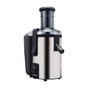 Kenwood JEM50 700W stainless steel centrifugal fruit juicer with 75mm wide feeding tube and speed control knob.