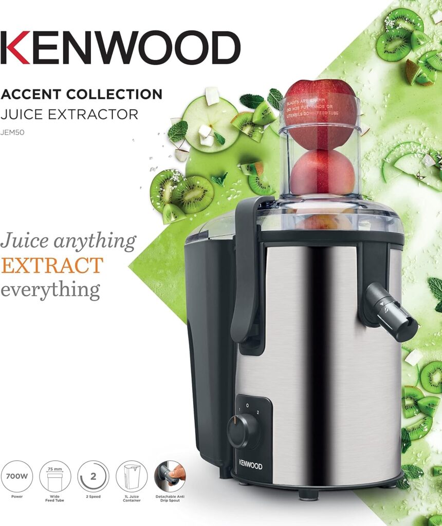 Kenwood Accent Collection JEM50 700W juice extractor poster showing features including 75mm wide feed tube, 2 speeds, 1L juice container, and detachable anti-drip spout.