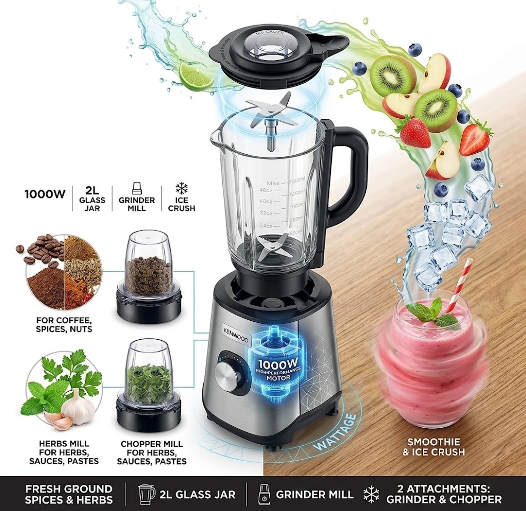 Kenwood blender BLM45.720 1000 Watt infographic.