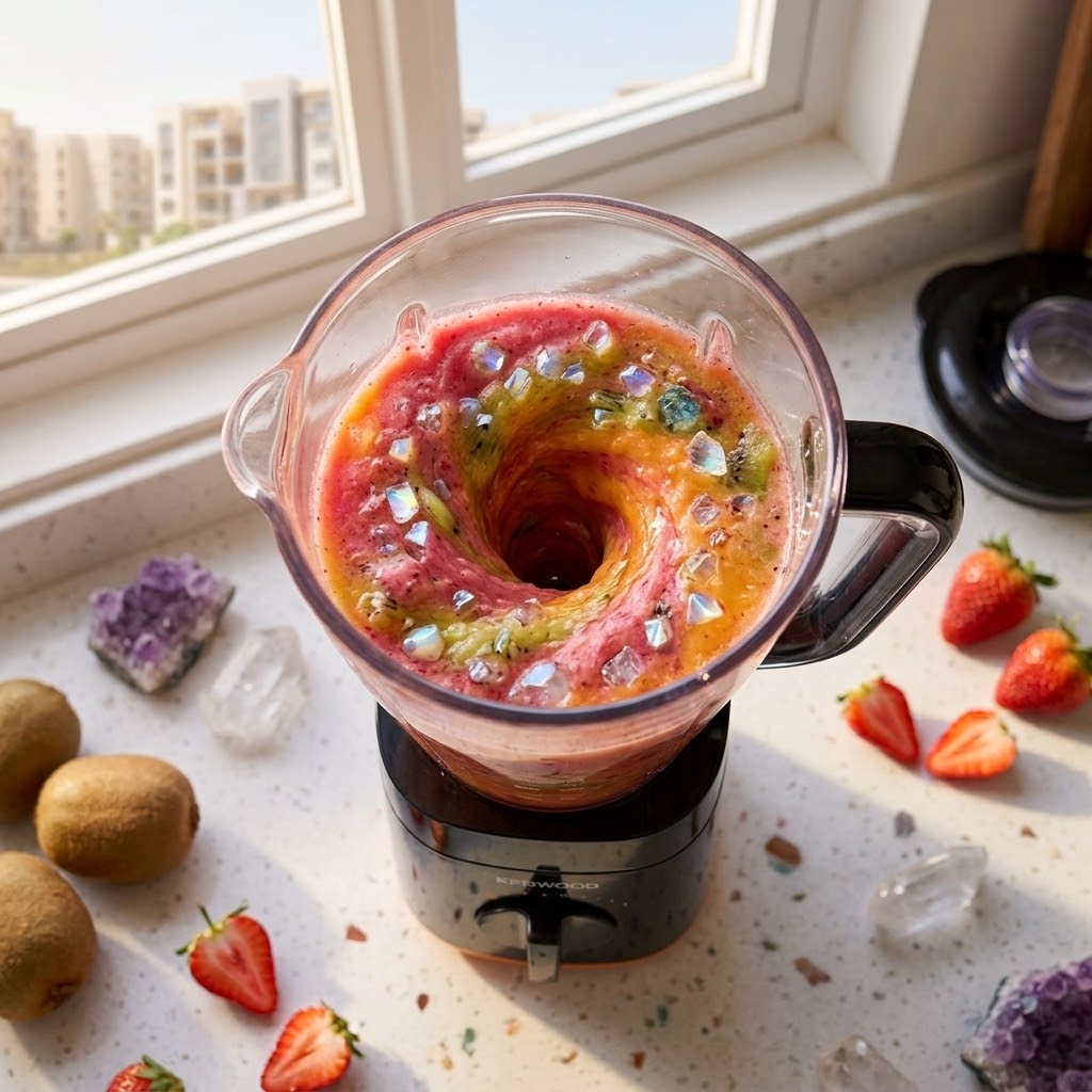 Top-down view of a black Kenwood BLP15.360 blender actively blending a colorful strawberry and kiwi smoothie with crushed ice forming a vortex inside the jar, set on a kitchen counter with fresh fruit pieces.
