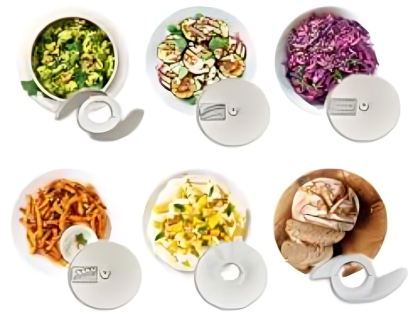 Kenwood FDP03.C0WH food processor accessory blades and discs paired with corresponding chopped, sliced, shredded, and kneaded ingredients.