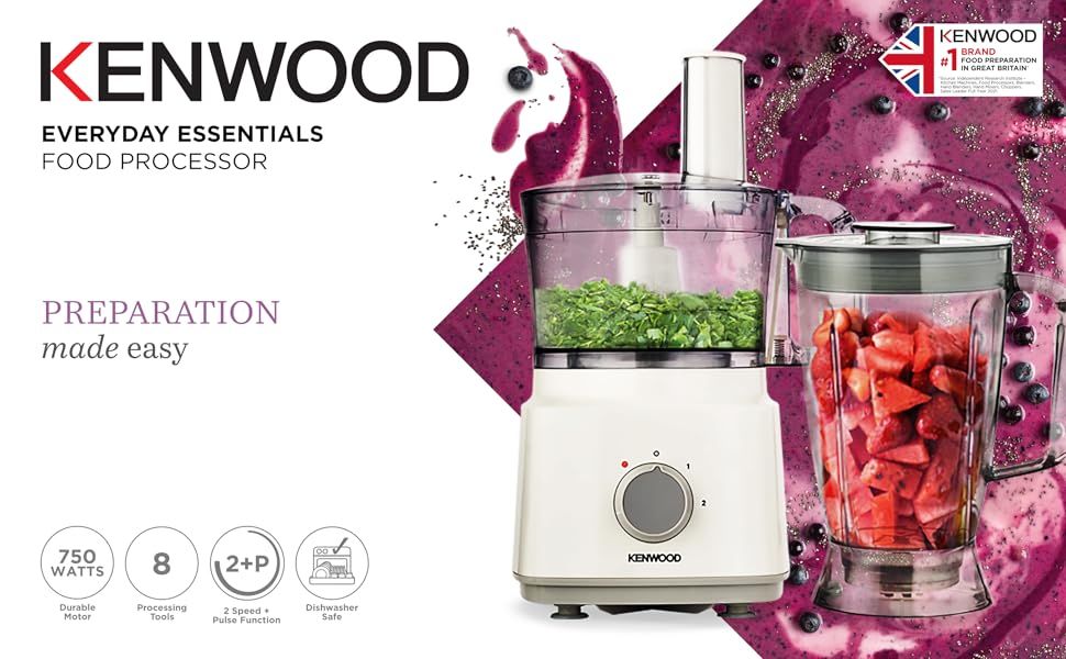 Promotional banner for Kenwood Everyday Essentials FDP03.C0 750W food processor showing white base with chopped herbs in main bowl alongside blender jug filled with strawberries.