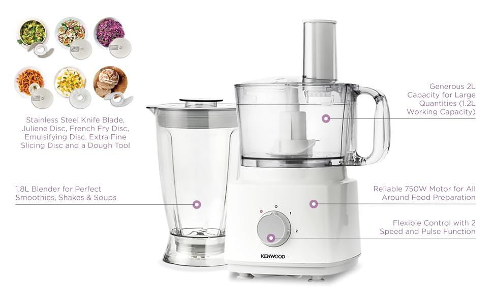 Feature diagram for Kenwood FDP03.C0 750W food processor with 2L bowl, 1.8L blender jar, and attachment disc set