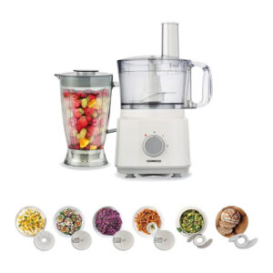 White Kenwood FDP03.C0 750W food processor with 2L main bowl, blender jar filled with fresh fruit, and 6 interchangeable disc and blade attachments.
