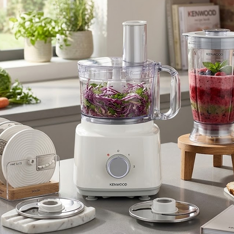 A comprehensive overview of the Kenwood FDP03.C0 750W food processor set, showing the main white motor base with a 2L processing bowl filled with shredded cabbage and carrots, a 1.8L blender jar filled with a mixed berry smoothie on a small wooden stand, and a collection of stainless steel attachments—including slicing discs, grating discs, and a dough tool—neatly organized on the kitchen counter.