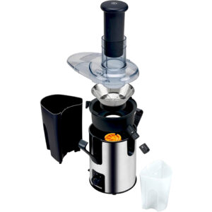 Exploded diagram of Kenwood JEM50 juicer showing detachable parts including stainless steel mesh filter, food pusher, pulp collector, transparent lid, and 1L juice jug.