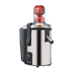 Kenwood JEM50 700W stainless steel centrifugal fruit juicer with whole apples loaded in the 75mm wide feed tube.