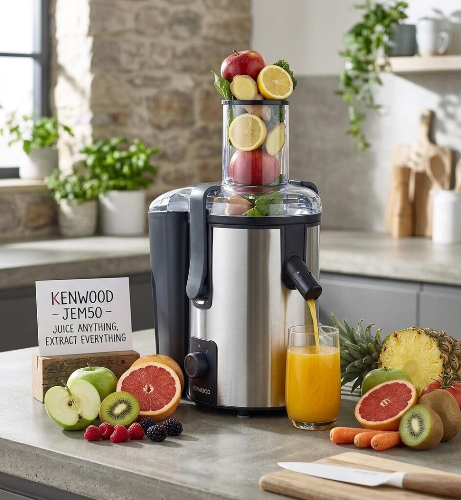 Kenwood JEM50 700W stainless steel centrifugal juicer pouring fresh orange juice into a glass on a kitchen counter surrounded by sliced fruits and a sign reading "Kenwood JEM50 Juice anything, extract everything".