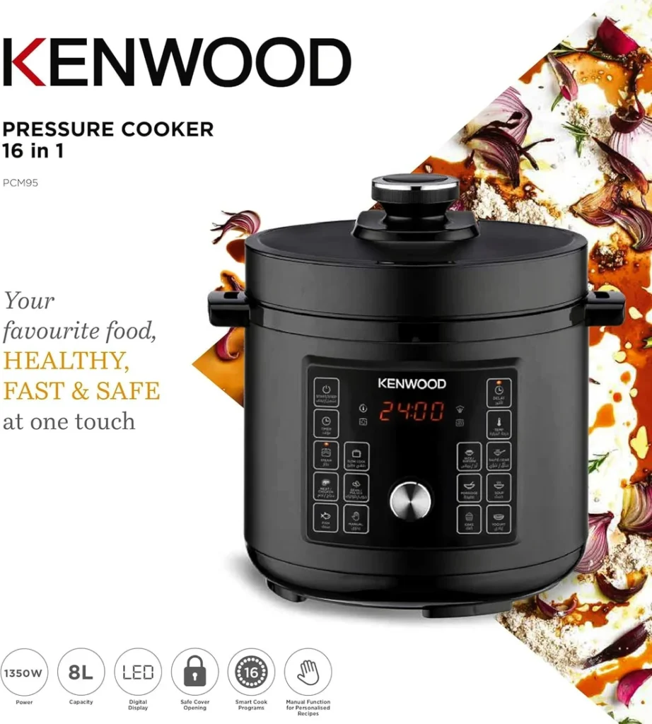 Kenwood PCM95 8-liter electric pressure cooker marketing banner featuring 1350W power, 16 smart programs, LED digital display, and safe cover opening features alongside sliced red onions and herbs background.