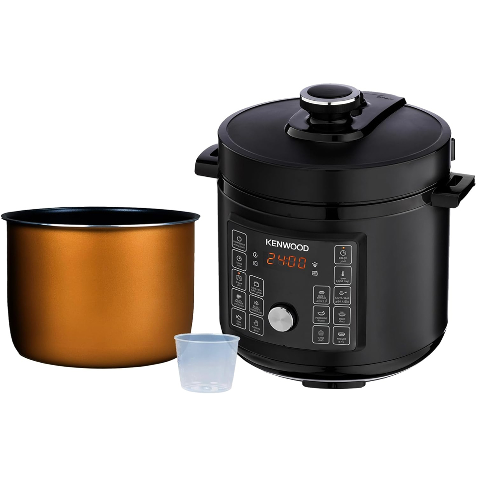 Black Kenwood PCM95 8L electric pressure cooker with locked lid, digital display panel, separate gold inner cooking pot, and clear measuring cup.