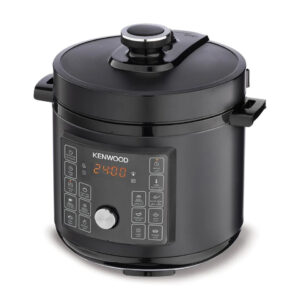 Front view of a sleek black Kenwood electric pressure cooker PCM95 with a illuminated digital LED timer display, control knob, and bilingual touch preset buttons against a white background.