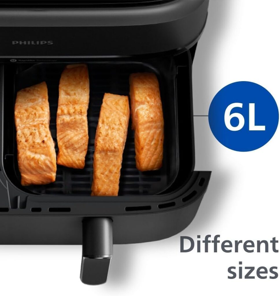 Philips NA350 dual air fryer 6L large basket containing salmon fillets.