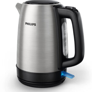 Brushed stainless steel Philips electric kettle HD9350 with black handle, water level window, and illuminated power switch against a black background