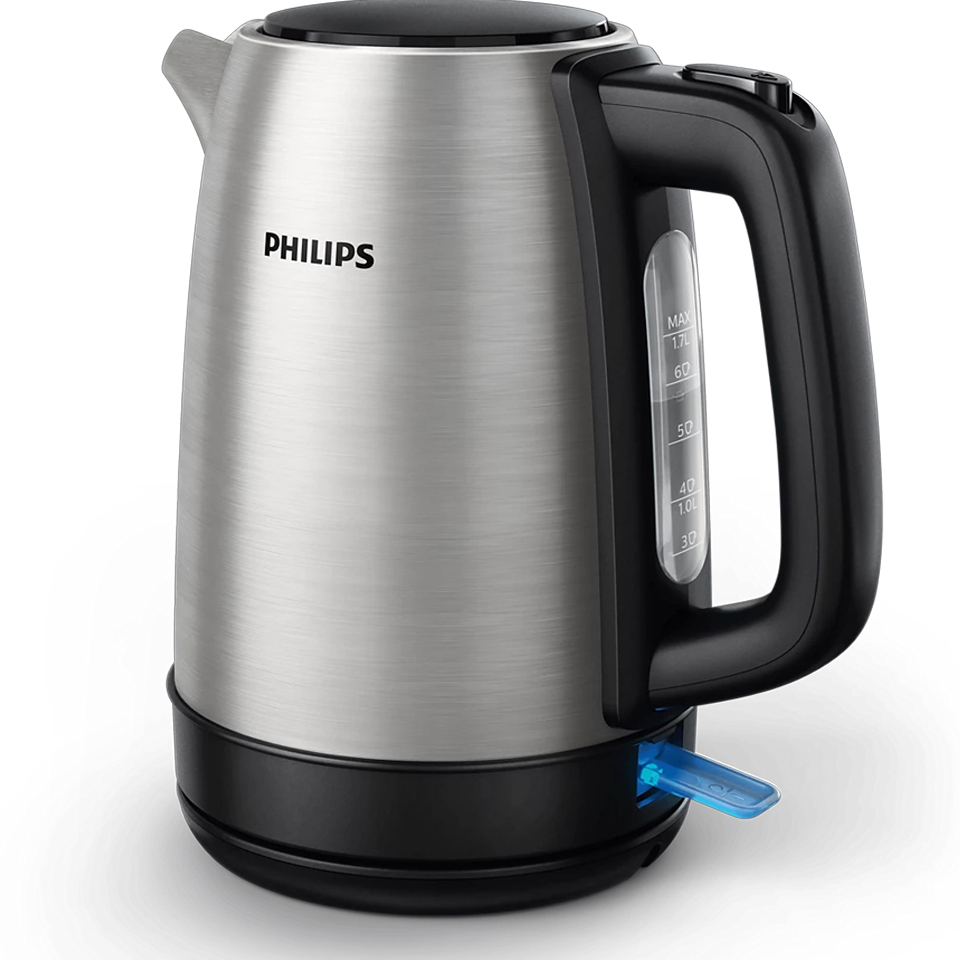 Brushed stainless steel Philips electric kettle HD9350 with black handle, water level window, and illuminated power switch against a black background