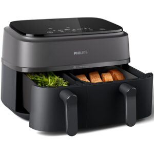 Front view of the Philips NA350 2750W dual basket air fryer with touchscreen display and dual drawers open.