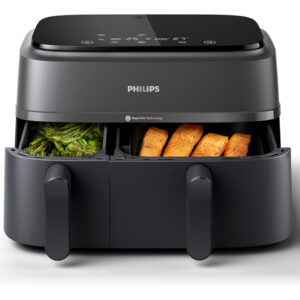 Front view of the black Philips NA350 dual basket air fryer with both drawers pulled open showing salmon and broccoli.