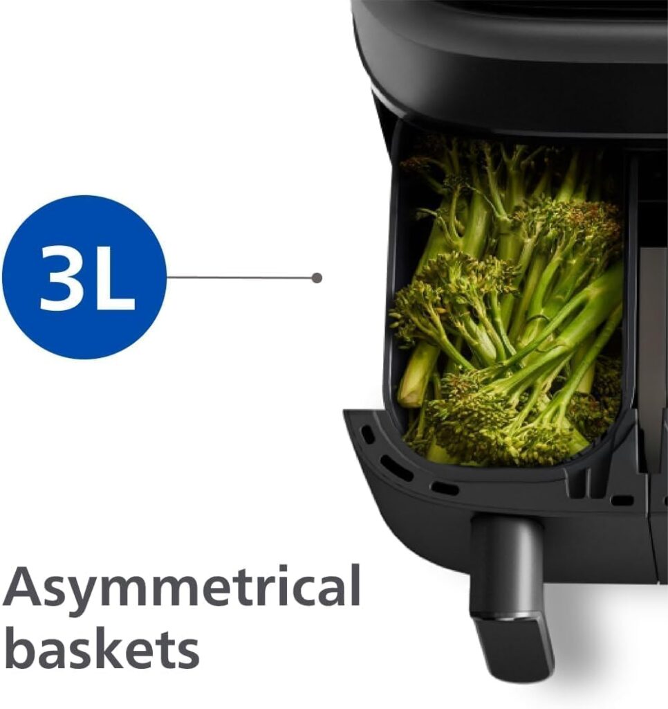 Philips NA350 dual air fryer 3L asymmetrical basket drawer close-up.