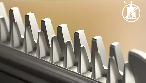 Extreme close-up of the self-sharpening stainless steel blades on a Philips Hair Clipper Series 3000 HC3525 with a no-oil needed icon overlay.