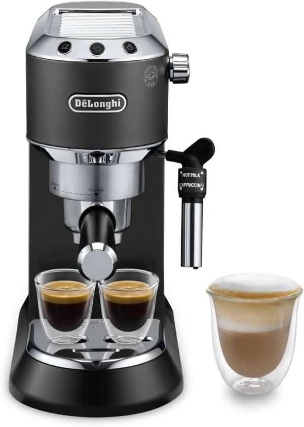 DeLonghi Dedica EC685.BK espresso machine with two espresso cups and a cappuccino glass