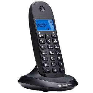 Motorola C1001CB+ black cordless phone on charging base, angled view showing keypad and backlit display